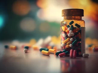 Piller i en glasburk och piller ligger utstrött på bordet.