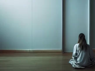 Kvinna sitter i ett rum tittar på en dörr utan dörrhandtag